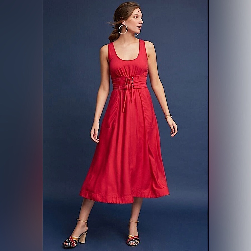 Anthropologie Plenty by Tracy Reese Red Corset Midi Dress Size 8